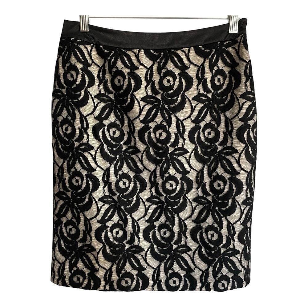 Ann Taylor Pencil Skirt Size 6 Petite Black White Lace Lined Classic Preppy